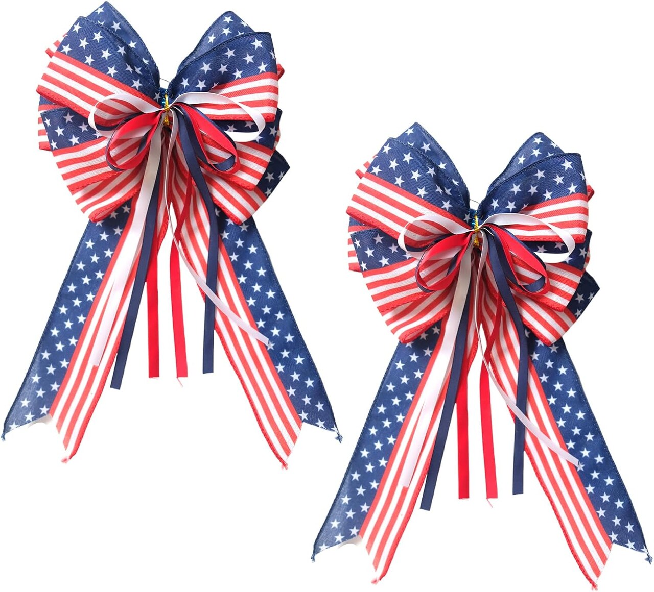2Pcs 4th of July Wreath Bows Patriotic Rustic Red White Blue Star Strip Bow American Flag Silk Bow Tree Topper